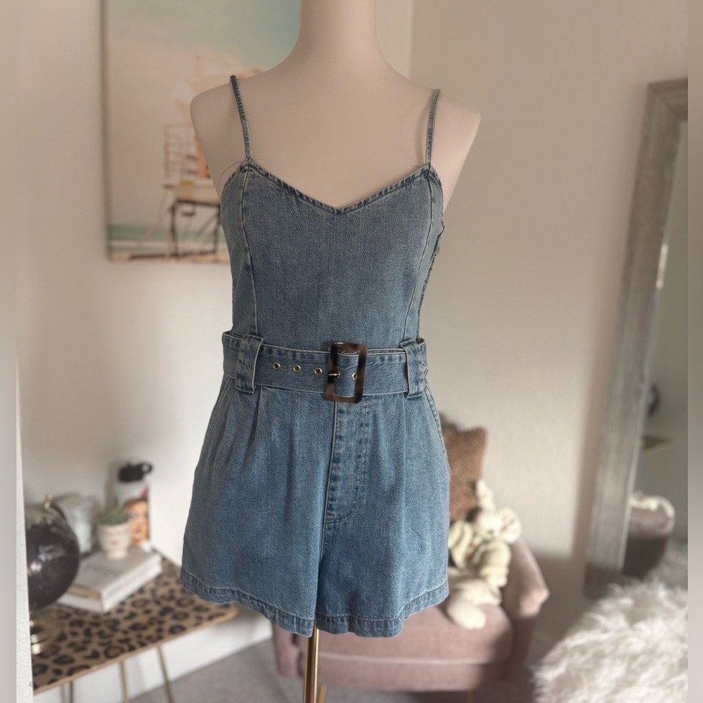 Show Me Your MuMu Light Blue Denim Belted Romper